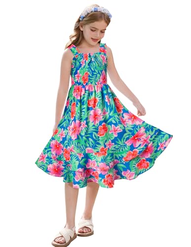 GRACE KARIN Mädchen Sommerblumen A-Linien Midi Kleid Gesmoktes Mieder Zweilagiger Rüschensaum Grünes Blatt 10-12 Jahre von GRACE KARIN