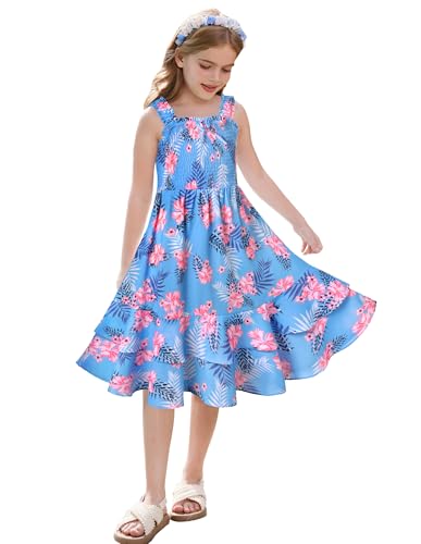GRACE KARIN Mädchen Sommerblumen A-Linien Midi Kleid Gesmoktes Mieder Zweilagiger Rüschensaum Himmelblau 6-7 Jahre von GRACE KARIN