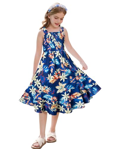 GRACE KARIN Mädchen Sommerblumen A-Linien Midi Kleid Gesmoktes Mieder Zweilagiger Rüschensaum Marineblau 8-10 Jahre von GRACE KARIN