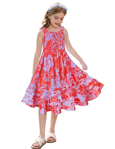 GRACE KARIN Mädchen Sommerblumen A-Linien Midi Kleid Gesmoktes Mieder Zweilagiger Rüschensaum Rot 10-12 Jahre von GRACE KARIN