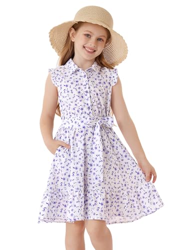 GRACE KARIN Mädchen Sommerkleid Ärmellos Hemdkragen Elastische Taille Stufenrock A-Linie Violett 10-12 Jahre von GRACE KARIN