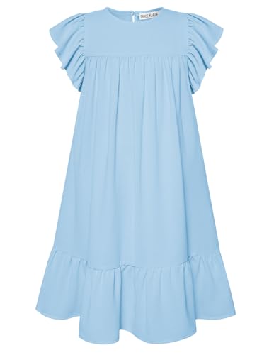 GRACE KARIN Mädchen Sommerkleid Flügelärmel Rundhalsausschnitt Knielanges Ausgestelltes Kleid Blau 7-8 Jahre von GRACE KARIN