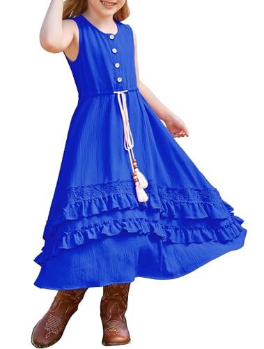GRACE KARIN Mädchen Sommerkleid Langes Ärmellos Rüschen Prinzessin Kleider Kinder Elegant Lässig Midi A-Linie Kleid Königsblau 14 Jahre von GRACE KARIN