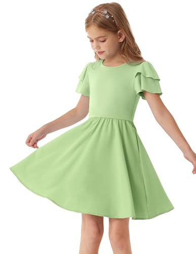 GRACE KARIN Mädchen Sommerkleider A-Linien Kleid Volantärmel Rundhals Seitentaschen Knielang Elastische Taille Grün 8-10 Jahre von GRACE KARIN