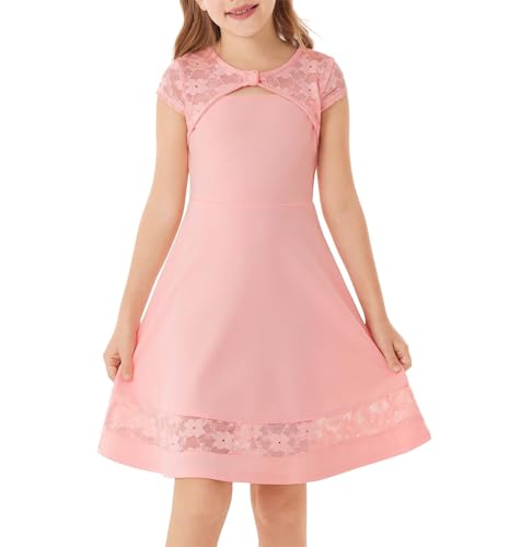 GRACE KARIN Mädchen Spitze Sommerkleid Kurzarm Rundhals A-Linie Partykleider Rosa 8 Jahre von GRACE KARIN
