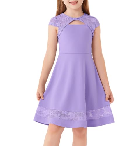 GRACE KARIN Mädchen Spitze Sommerkleid Kurzarm Rundhals A-Linie Partykleider Violett 8 Jahre von GRACE KARIN