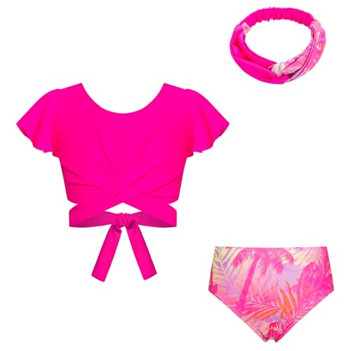 GRACE KARIN Mädchen Split Badeanzug Set 3 Stück Ruffle Kurze Ärmel Tankini Set Badeanzug Badeshorts mit Haarband Rose Kokosnussbaum 12 Jahre von GRACE KARIN
