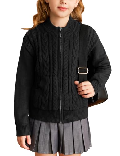GRACE KARIN Mädchen Strickjacke Lange Ärmel Lässig Rundhals Pullover mit Reißverschluss Knitted Cardigan Schwarz 8 Jahre von GRACE KARIN