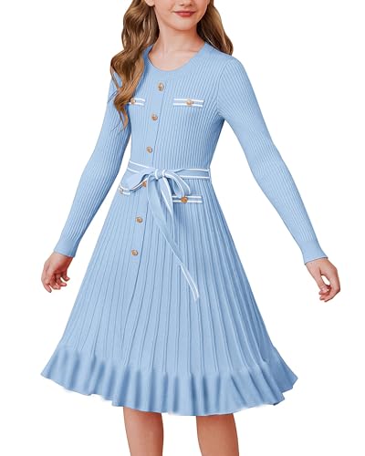 GRACE KARIN Mädchen Strickkleid Langarm A-Linie Festliches Kleid für Herbst Winter Hellblau 10 Jahre von GRACE KARIN