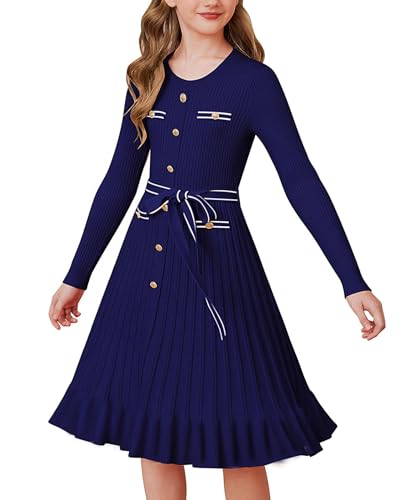 GRACE KARIN Mädchen Strickkleid Langarm A-Linie Festliches Kleid für Herbst Winter Marineblau 10 Jahre von GRACE KARIN