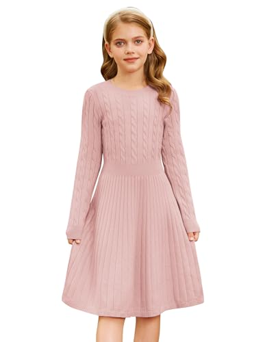GRACE KARIN Mädchen Strickkleid Langarm Pullikleid Kinder Rundhals A-Linie Pulloverkleid Rosa 10-11 Jahre von GRACE KARIN