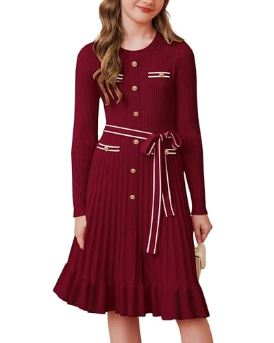 GRACE KARIN Mädchen Strickkleid Rundhals Langarm A-Linie Hochzeitsgast Kleid Weinrot 8 Jahre von GRACE KARIN