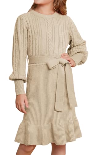 GRACE KARIN Mädchen Strickkleid Rundhalsausschnitt Lange Ärmel Midi Kleider für Kinder Pulloverkleider Aprikose 8 Jahre von GRACE KARIN