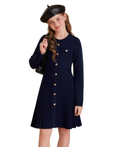 GRACE KARIN Mädchen Strickkleider Langarm Ausgestellt A-Linie Winter Pulloverkleid Marineblau 12-13 Jahre von GRACE KARIN