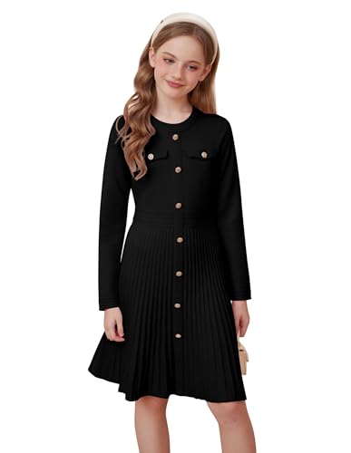 GRACE KARIN Mädchen Strickkleider Langarm Pullikleid Herbst Winter A-Linie Pulloverkleid Schwarz 12-13 Jahre von GRACE KARIN