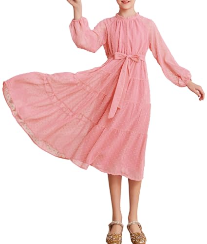 GRACE KARIN Mädchen Swiss Dot A-Linie Kleider Rundhalsausschnitt Langarm Kleider für Hochzeitsgäste Rosa 7 Jahre von GRACE KARIN