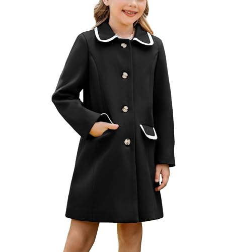 GRACE KARIN Mädchen Trenchcoat Langarm Winter Mantel mit Revers Einreihiger Warmer Duffle Jacke Oberbekleidung Schwarz 7 Jahre von GRACE KARIN