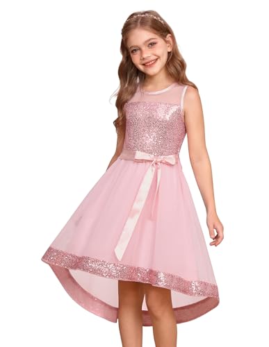 GRACE KARIN Mädchen Tüll Pailletten Kleid Prinzessinnen Partykleid Ärmelloses Rundhals-Netzkleid Hellrosa 12-13 Jahre von GRACE KARIN