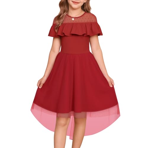 GRACE KARIN Mädchen Tüll Prinzessin Kleid Rundhals Asymmetrisch Saum A-Linie Partykleid Rot 7 Jahre von GRACE KARIN
