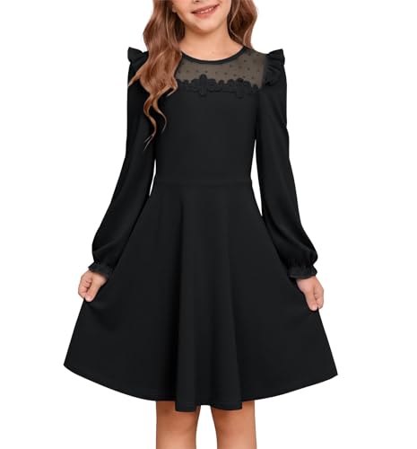 GRACE KARIN Mädchen Vintage A-Linie Kleid Langarm Tüll Rüschen Rundhals Schwarz 14 Jahre von GRACE KARIN