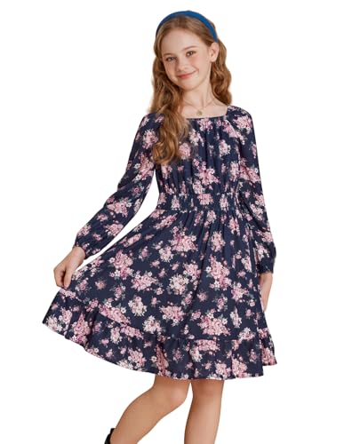 GRACE KARIN Mädchen Vintage Prinzessin Kleid Elastische Taille Langarm Partykleid Blau 12-13 Jahre von GRACE KARIN
