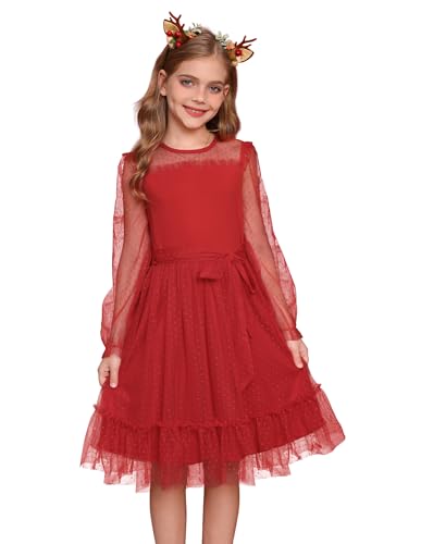 GRACE KARIN Mädchen Weihnachtskleid Formelles Netzkleid Langarm A-Linie Freizeitkleider mit Gürtel Rot 8-9 Jahre von GRACE KARIN