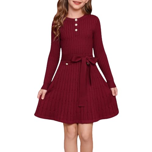 GRACE KARIN Mädchen Winter Strickkleid Einfarbig Festliches Partykleid Langarm Rundhals Pullikleid Dunkelrot 12 Jahre von GRACE KARIN