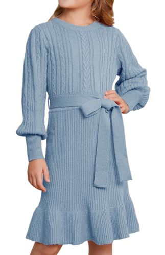 GRACE KARIN Mädchen Zopfstrickkleid Frühling Herbst Winter Pullover Kleider für Teenager Partykleid Hellblau 7 Jahre von GRACE KARIN