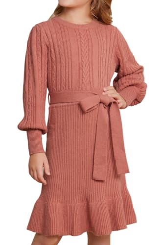 GRACE KARIN Mädchen Zopfstrickkleid Frühling Herbst Winter Pullover Kleider für Teenager Partykleid Orange Rot 7 Jahre von GRACE KARIN