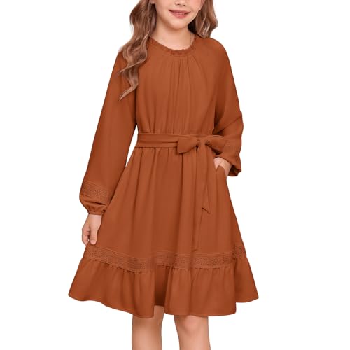 GRACE KARIN Mädchenkleid Langarm Rundhals mit Rüschen Kleid A-Linie Partykleid Braun 6 Jahr von GRACE KARIN