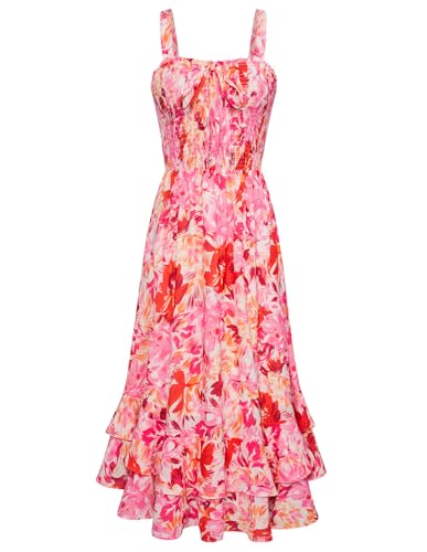 GRACE KARIN Maxikleid Damen Sommer Blumenkleid Freizeitkleid Trägerkleid Böhmisch Wickelkleid Schwingen Kleid S Weiß-Rosa Gelbe Blume von GRACE KARIN