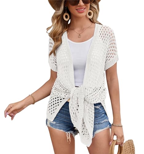 GRACE KARIN Mesh Langer Strickjacken Pullover für Damen Leichte Kurzarm Sommer Cardigan Dressy Gestrickte Tops Arbeit Blusen Elfenbein L von GRACE KARIN