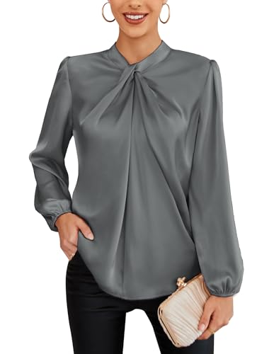 GRACE KARIN Oberteil Bowtie Bluse Damen Blau Langarm Herbst Bluse Top Satin Dunkelgrau XL von GRACE KARIN