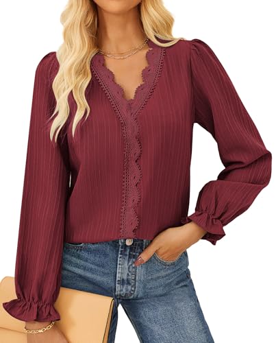 GRACE KARIN Oberteil Damen Elegant V-Ausschnitt Langarm Herbst Tops mit Spitze Damen Festival Bluse Weihnachten Rotwein XL von GRACE KARIN