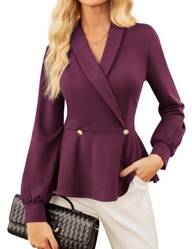 GRACE KARIN Oberteile Damen Herbst V-Ausschnitt Revers Langarm Bluse Damen Rüschen Festliche Elegant Work Tops Weinrot XXL von GRACE KARIN