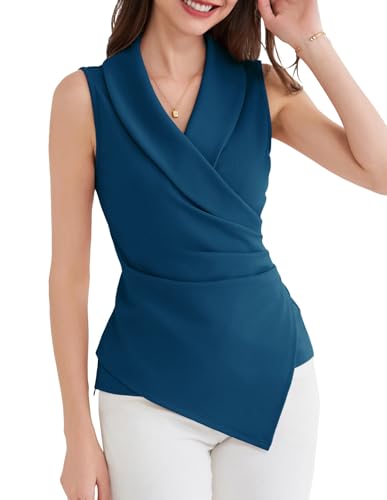 GRACE KARIN Oberteile Damen Sommer Elegant Tank Tops V-Ausschnitt Business Outfit Ärmellos Wickelbluse Basic Marineblau XL von GRACE KARIN