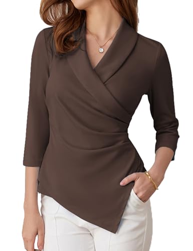 GRACE KARIN Oberteile Damen Sommer V-Ausschnitt Blusen Business Outfit Damen Formal Wickelshirt Tunika Top Elegant L Kaffee -12 von GRACE KARIN