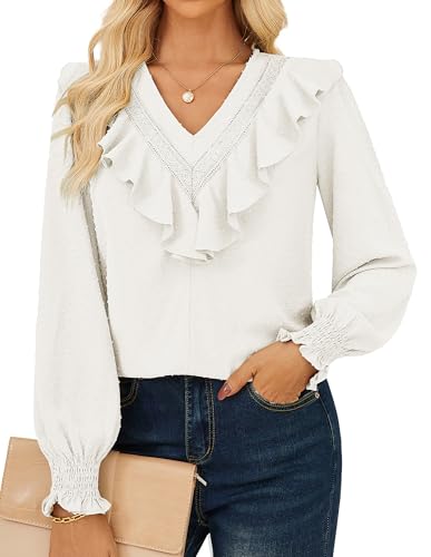 GRACE KARIN Oberteile für Damen Elegant Blusen Langarm Puffärmel Lässig Alltag Weiß L von GRACE KARIN