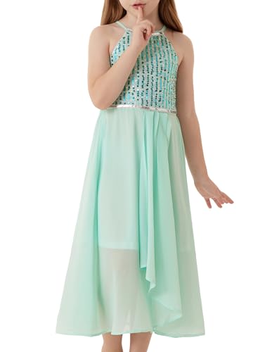 GRACE KARIN Pailletten A-Linie Pailletten Kleid für Mädchen Prinzessin Party Neckholcer Kleid Aquagrün 10 Jahre von GRACE KARIN