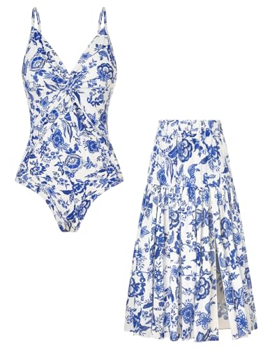 GRACE KARIN Plus Size Bademode Blumen Design 2 Teilig Bikini Rock Volle Kurven Damen Weiß-Blaue Blumen M von GRACE KARIN
