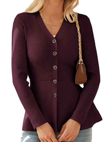 GRACE KARIN Pullover Damen Elegant V-Ausschnitt Knopfen Strickjacke Damen Elegant Business Büro Strick Pulli Weinrot S von GRACE KARIN