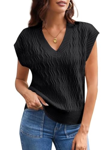 GRACE KARIN Pullover-Tanktops für Frauen Herbst V-Ausschnitt Pullover Ärmellos Gefaltete Textur Schwarz S von GRACE KARIN