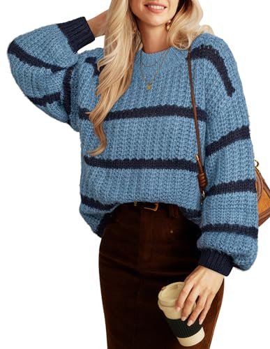 GRACE KARIN Pullover für Damen Elegant Damen Warm Strickpullover Gestreifter Pulli Blau Streifen M von GRACE KARIN