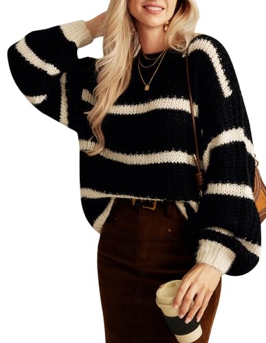 GRACE KARIN Pullover für Damen Elegant Damen Warm Strickpullover Gestreifter Pulli Schwarze Streifen M von GRACE KARIN