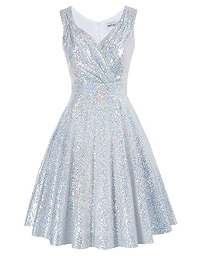 GRACE KARIN Retro Kleid Damen 50s Kleider Knielang v Ausschnitt Kleid perlen Petticoat Kleid CL1061-18 M von GRACE KARIN