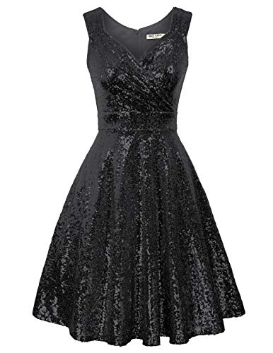 GRACE KARIN Retro Kleid Damen 50s Kleider Knielang v Ausschnitt Kleid perlen Petticoat Kleid CL1061-3 M von GRACE KARIN