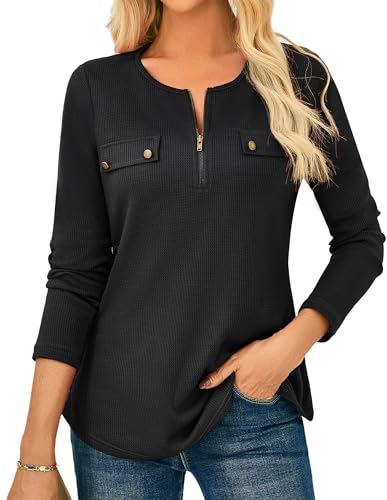 GRACE KARIN Schwarze Bluse Damen Waffel Herbst Rundhals Zip-up Langarm Bluse Damen Herbst Elegant Schwarz S von GRACE KARIN