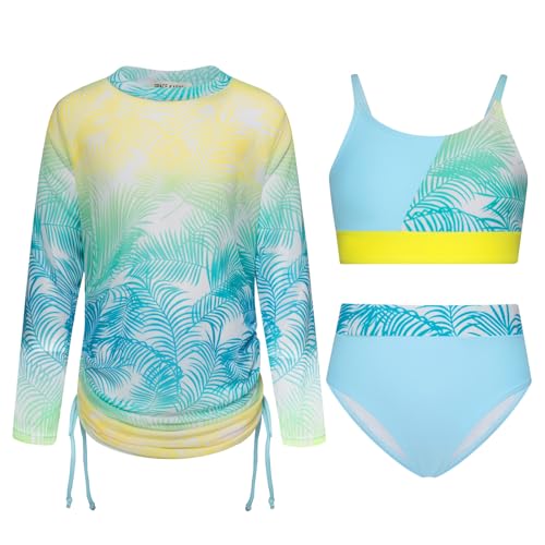 GRACE KARIN Sommer Badeanzug für Mädchen 3-teilig Bikini Badeanzug Bademode Schwimmüberzug für Urlaub Strand Pool Blaue Und Gelbe Kokosnuss 10 Jahre von GRACE KARIN