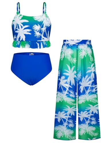 GRACE KARIN Sommer Badeanzug für Mädchen Dreiteiliger Badeanzug mit Hose Lotusblatt Badeanzug Bedruckt Bademode Strand Badeanzug Blau-Grüner Farbverlauf-Hintergrund mit Kokosnussbäumen 14 Jahre von GRACE KARIN