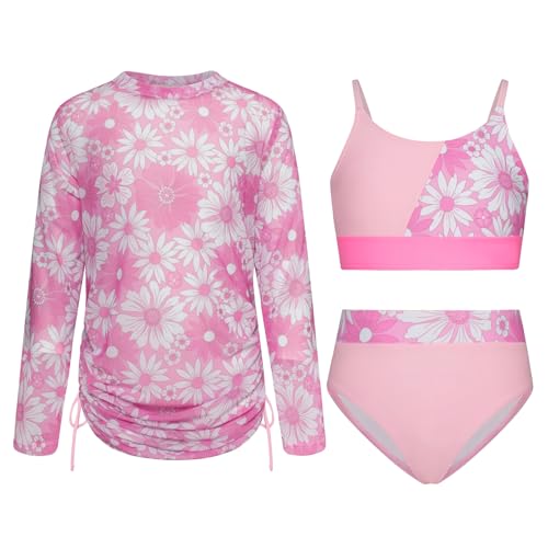 GRACE KARIN Sommer Badeanzug für Mädchen Kinder Badeanzüge Bikini Set 3-teilig Surf Strand Bademode Rosa Gänseblümchen 8 Jahre von GRACE KARIN